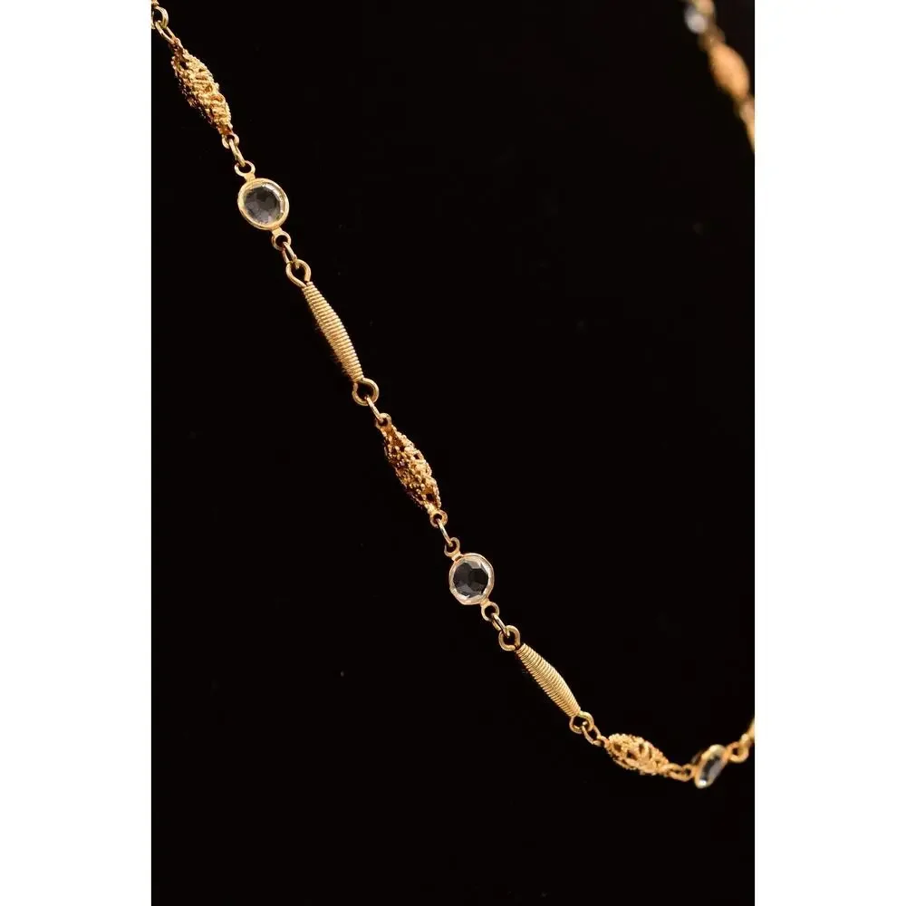 Vintage Crystal Open Bezel Chain Necklace Gold Tone Linked Shiny 1980s BinBE